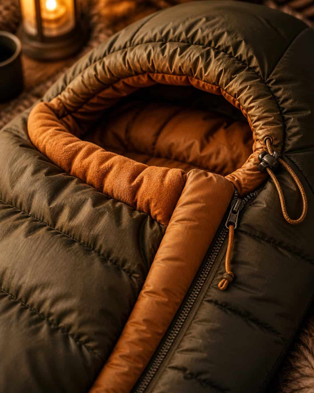 Close-up detail of a mummy sleeping bag showing the hood, draft collar, zipper tube, and cinch cord in cozy warm light, with tactile quilted fabric texture
