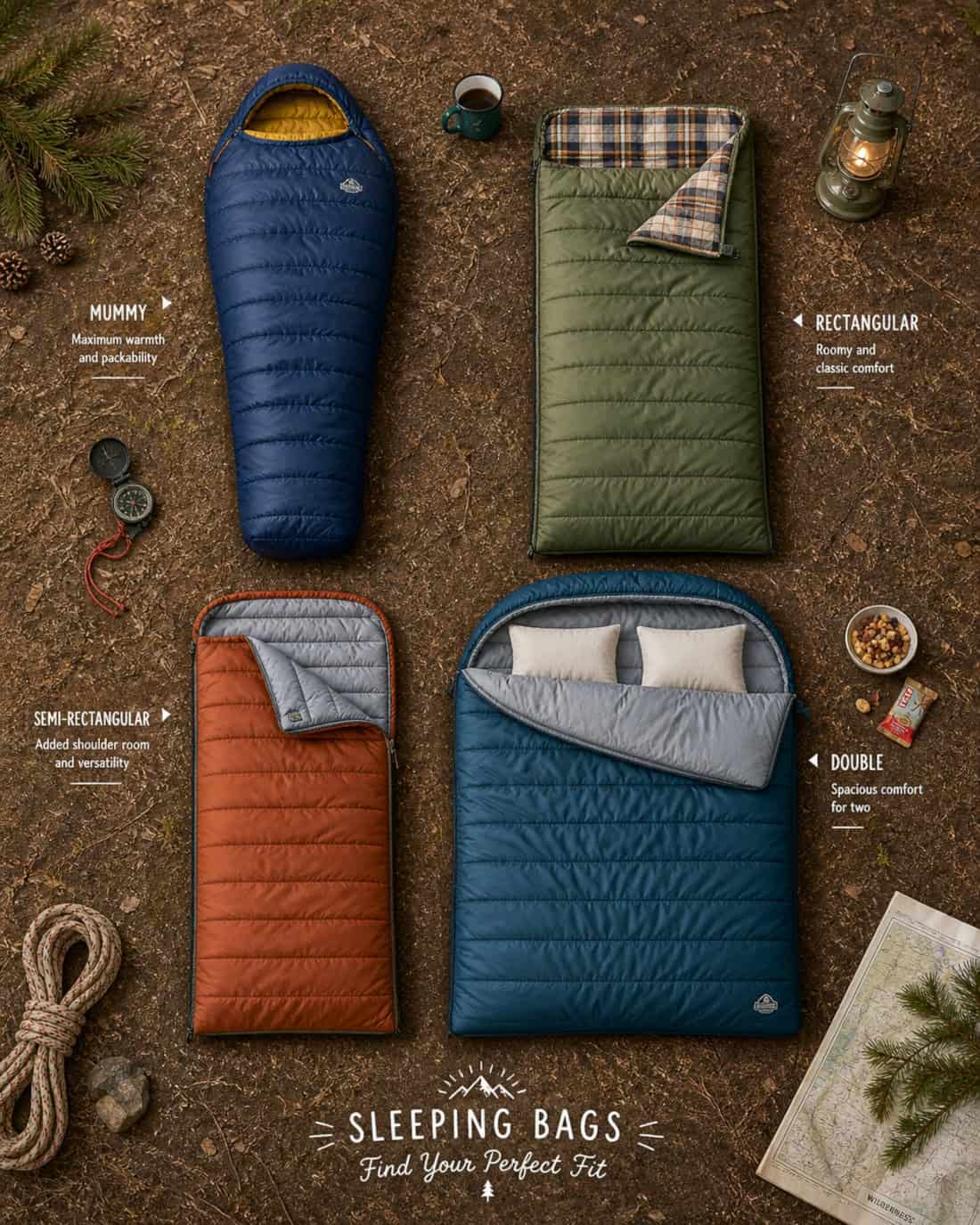 Overhead view of neatly arranged sleeping bags in different shapes on the ground, styled with outdoor props and open negative space for a friendly editorial look