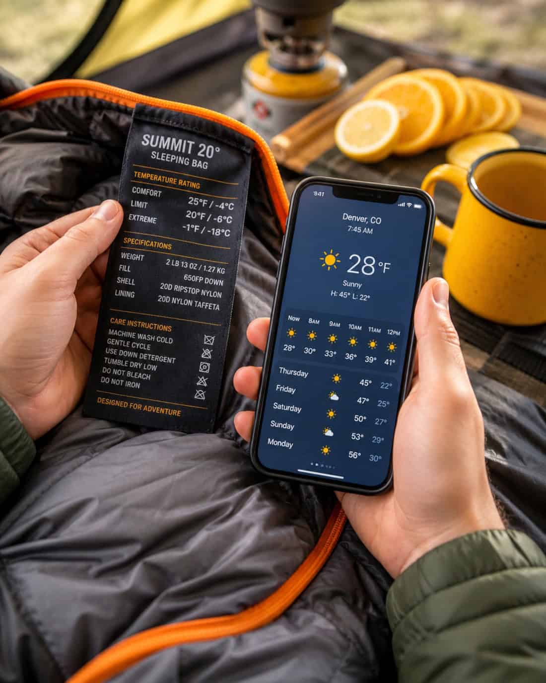 Clean hands hold a sleeping bag temperature tag beside a phone weather forecast, with citrus slices, a yellow camp mug, and soft-focus camping gear in the background