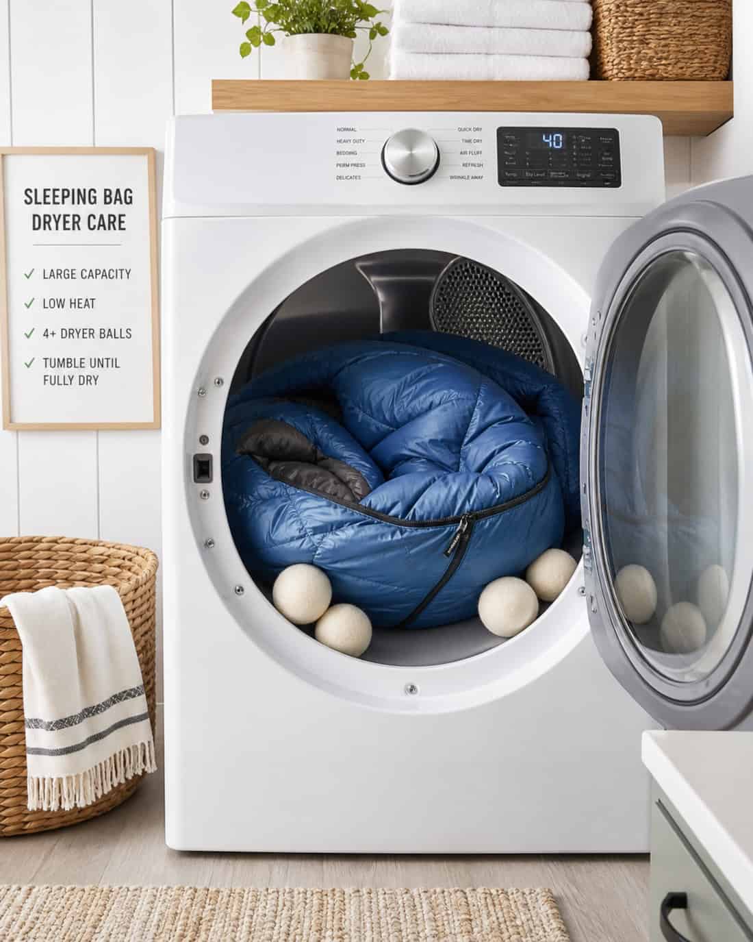 A sleeping bag sits in a large front-loading dryer with several dryer balls visible, in a bright clean laundry setting that clearly shows practical sleeping bag care